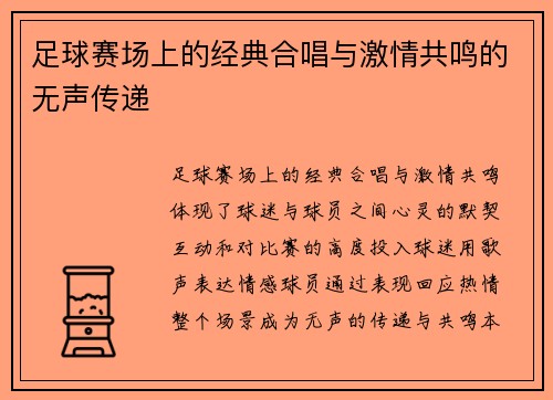 足球赛场上的经典合唱与激情共鸣的无声传递