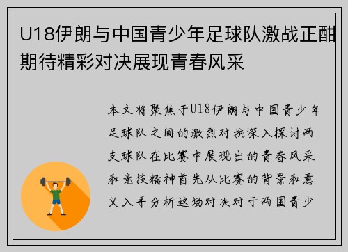 U18伊朗与中国青少年足球队激战正酣期待精彩对决展现青春风采