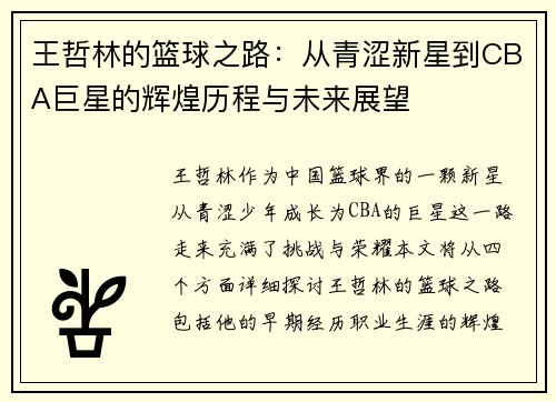 王哲林的篮球之路：从青涩新星到CBA巨星的辉煌历程与未来展望