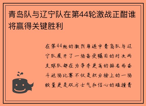 青岛队与辽宁队在第44轮激战正酣谁将赢得关键胜利
