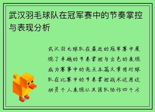 武汉羽毛球队在冠军赛中的节奏掌控与表现分析